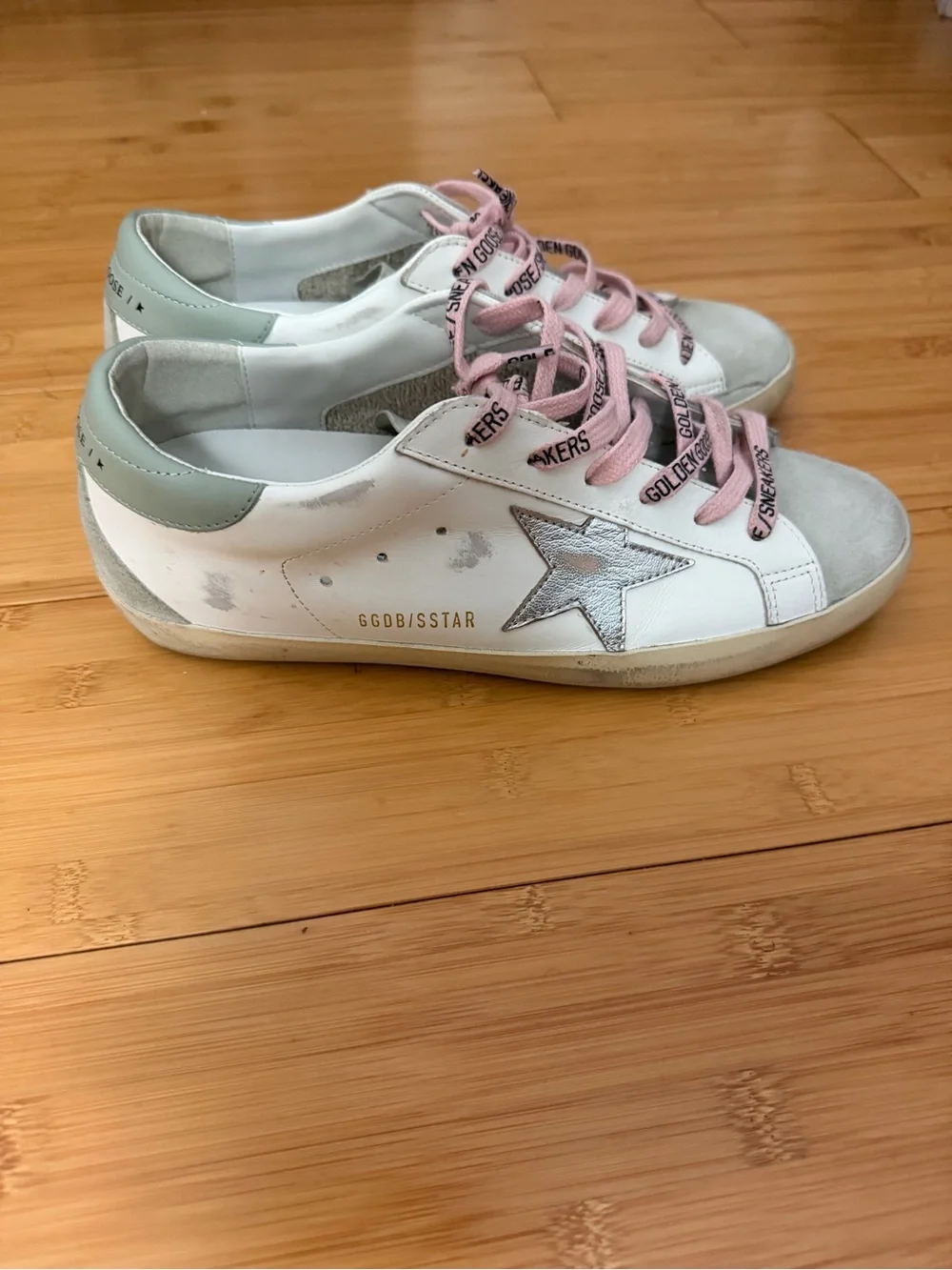 Golden Goose White Sneakers with Silver Star and Pink Laces